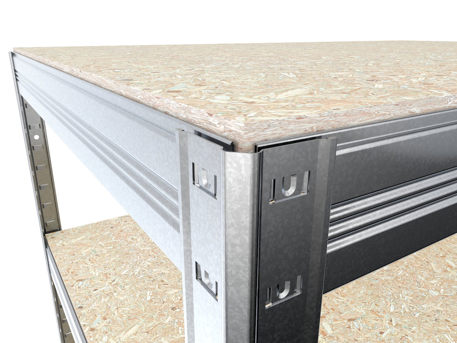 Detal wzmocnień regału metalowego z płytami OSB